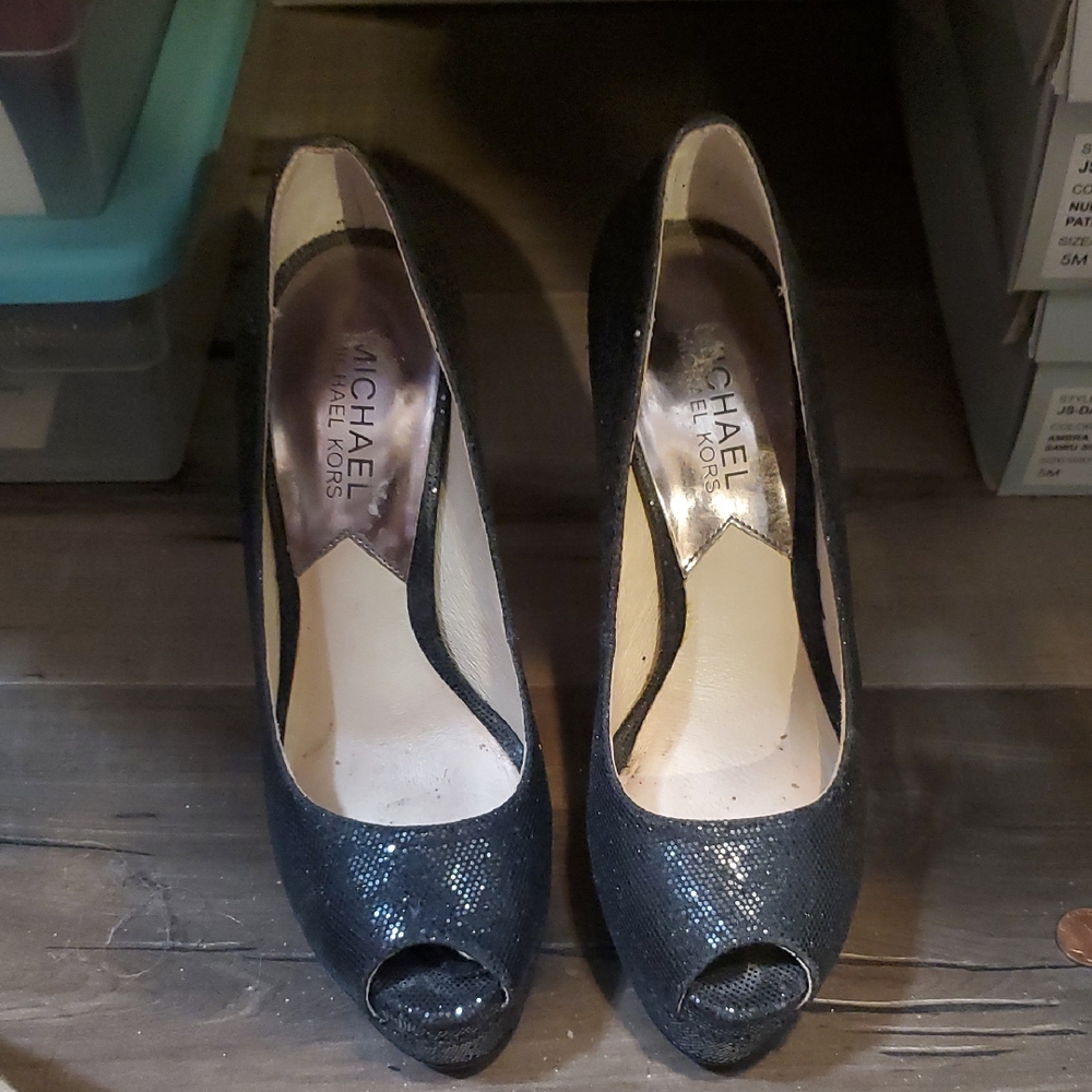 Michael Kors Glitter Black Peep Toe Heels